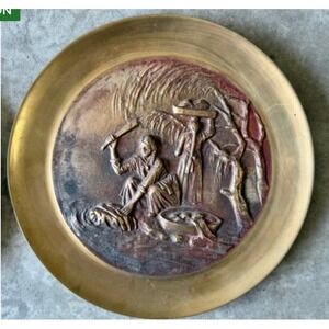 Vintage Korean Cast Brass Relief Plate Wall Hanging‎ Farm Scene